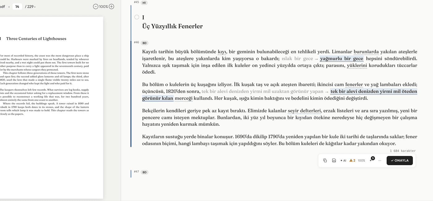 İki dilli görünüm: solda kaynak sayfa, sağda çeviri