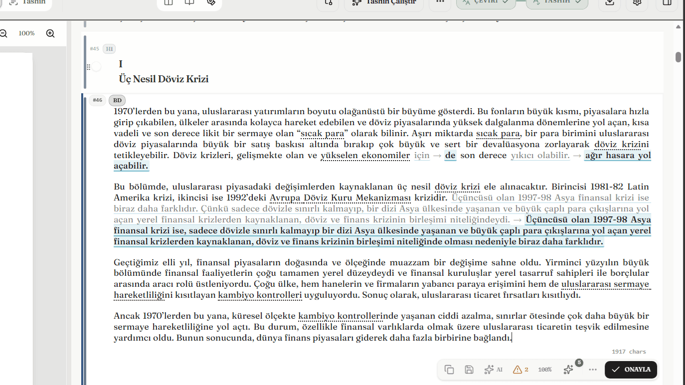 Lisanika editörü — iki dilli segment ızgarası ve baş-editör tashih işaretleri